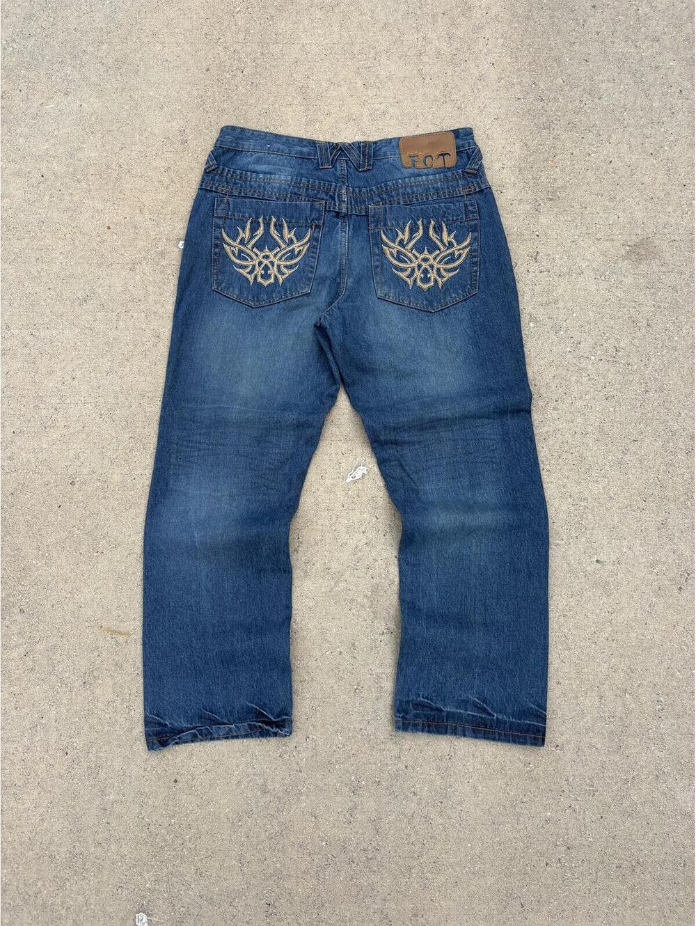 Vintage Y2K Skater Jeans Tribal Embroidered Wide Leg Jeans